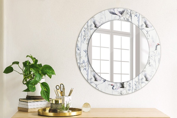 Round mirror frame with print Cranes birds