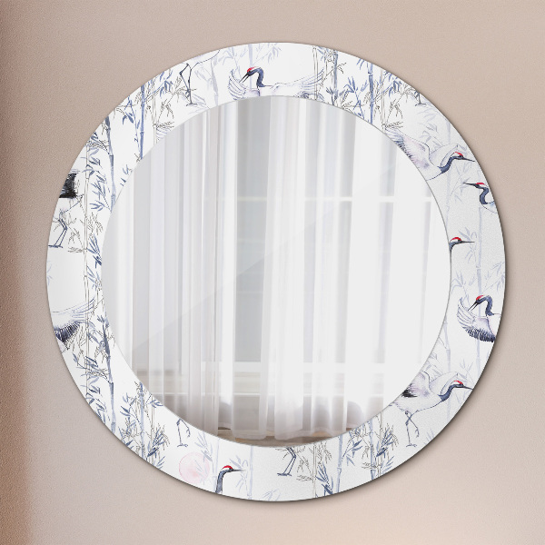 Round mirror frame with print Cranes birds