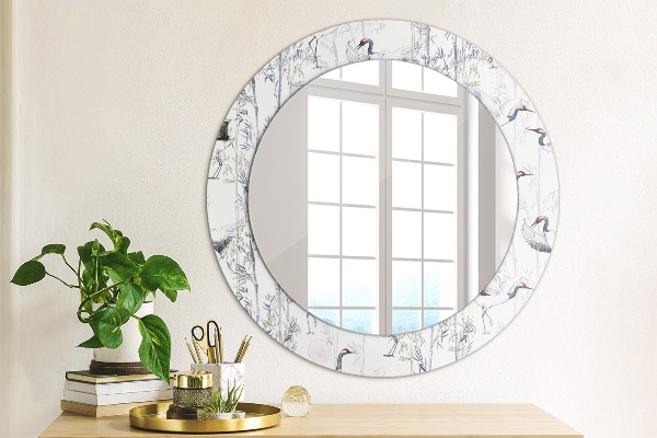 Round mirror frame with print Cranes birds