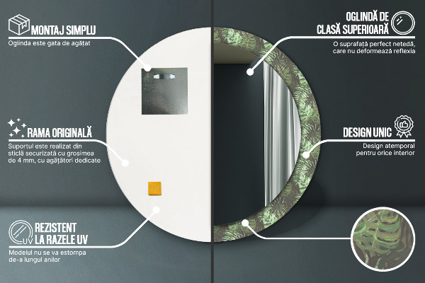 Round printed mirror Tropical leaves