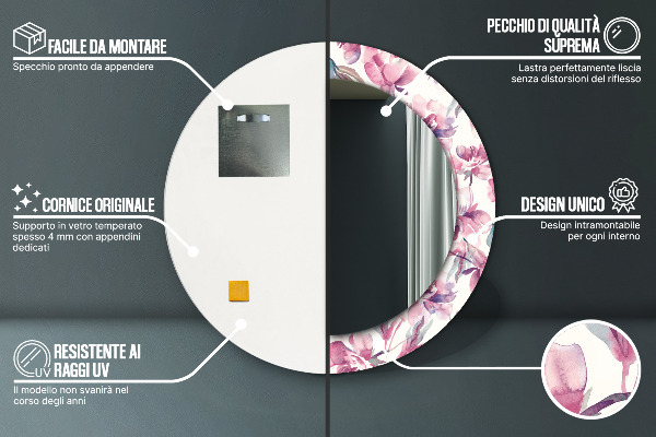 Round printed mirror Peonies flowers