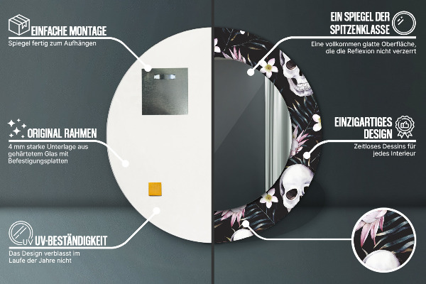 Round printed mirror Skull flowers