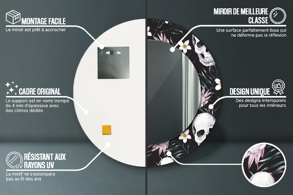 Round printed mirror Skull flowers