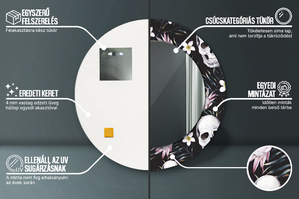 Round printed mirror Skull flowers