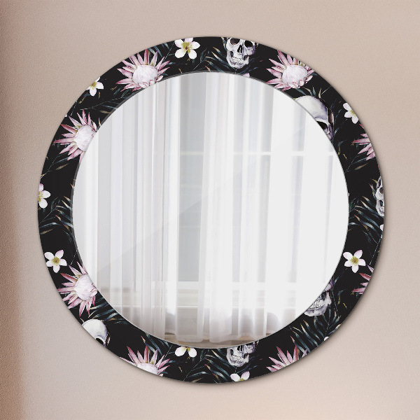 Round printed mirror Skull flowers