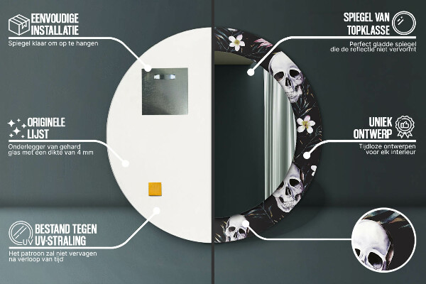 Round printed mirror Skull flowers