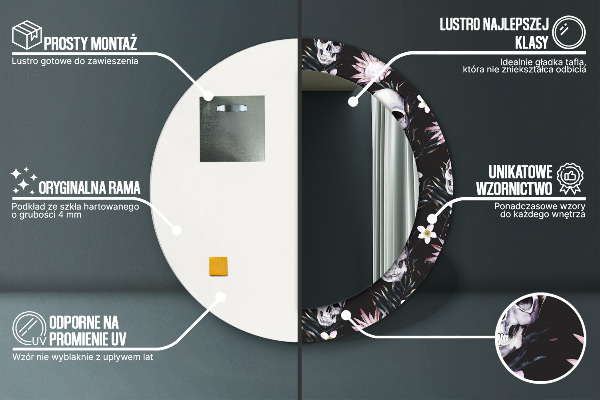 Round printed mirror Skull flowers