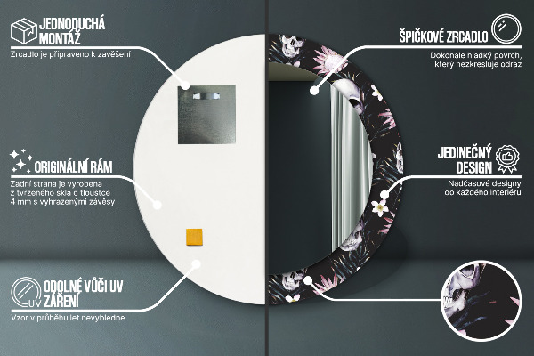 Round printed mirror Skull flowers