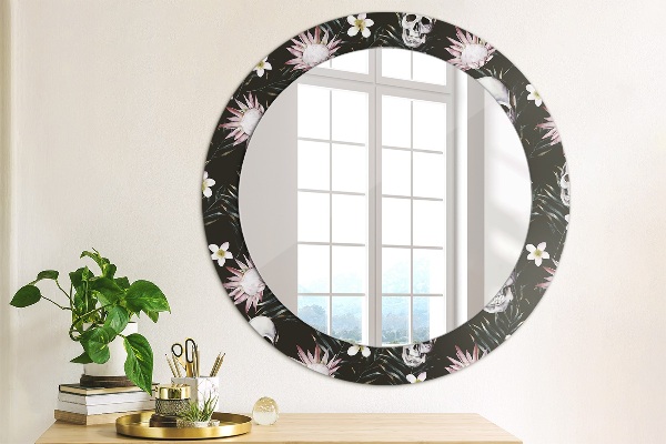 Round printed mirror Skull flowers