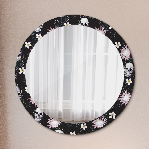 Round printed mirror Skull flowers