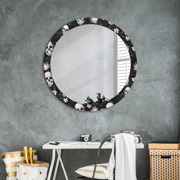 Round printed mirror Skull flowers