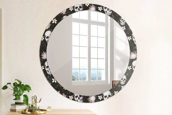 Round printed mirror Skull flowers