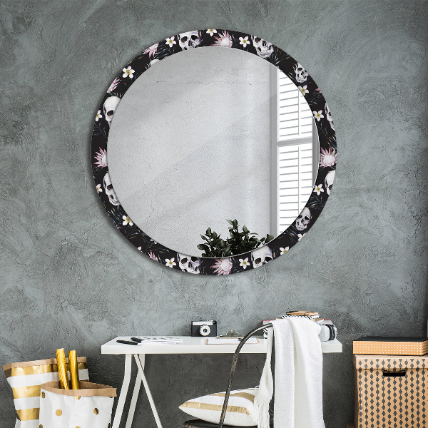 Round printed mirror Skull flowers