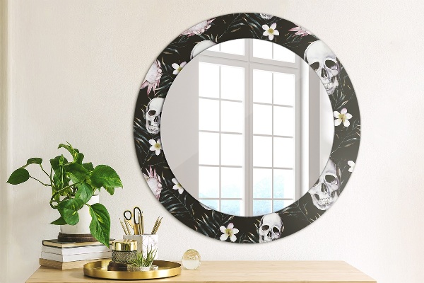 Round printed mirror Skull flowers