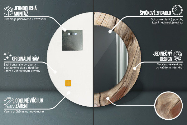 Round printed mirror Cracked wood