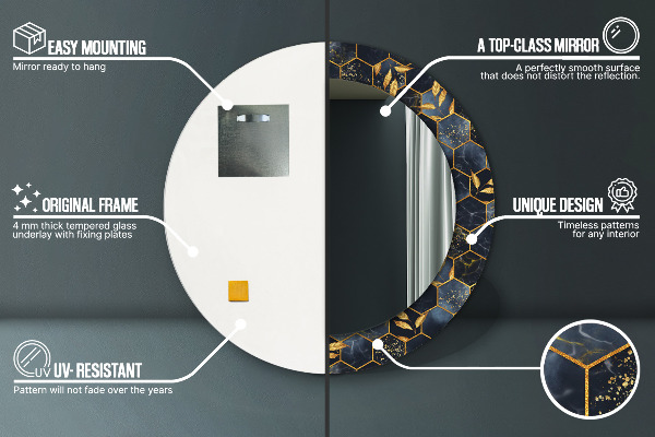 Round mirror frame with print Hexagon marble