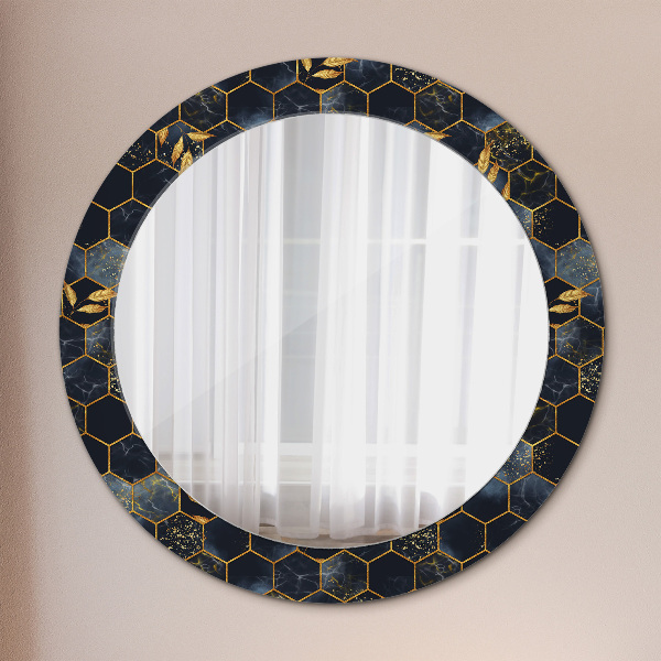 Round mirror frame with print Hexagon marble