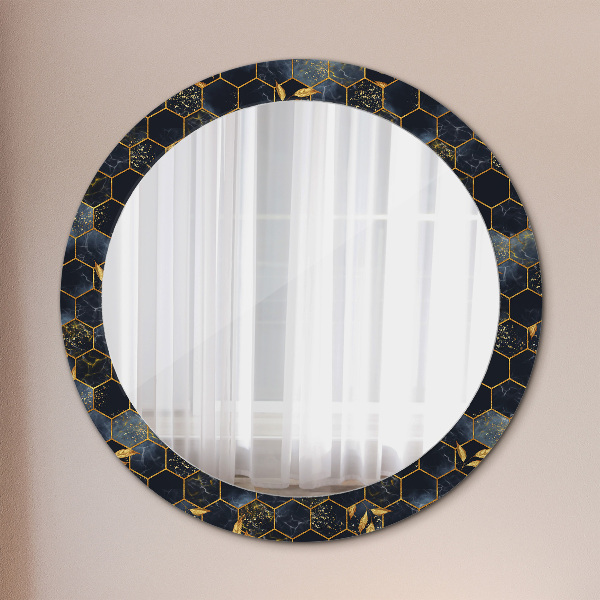 Round mirror frame with print Hexagon marble