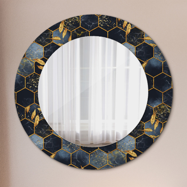Round mirror frame with print Hexagon marble