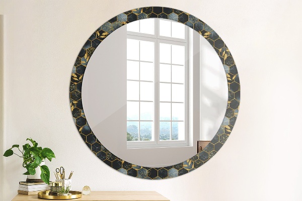 Round mirror frame with print Hexagon marble