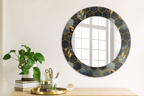 Round mirror frame with print Hexagon marble