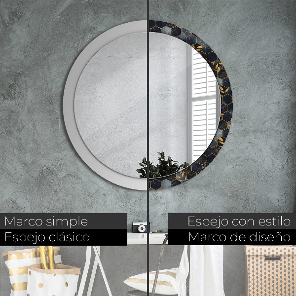 Round mirror frame with print Hexagon marble