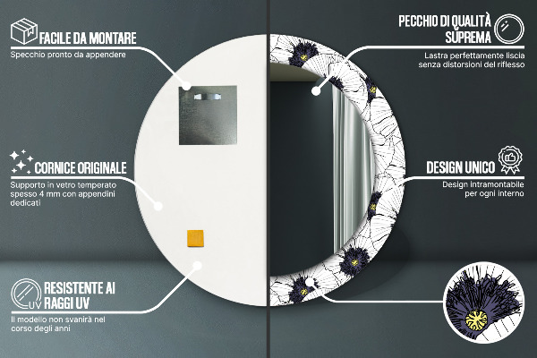 Round wall mirror decor Linear flowers composition