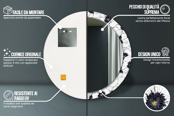 Round wall mirror decor Linear flowers composition