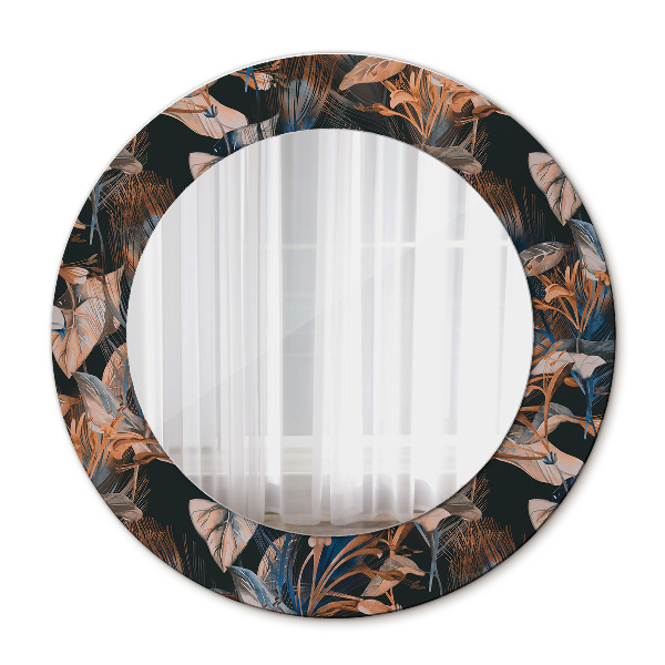 Round printed mirror Dark tropical leaves