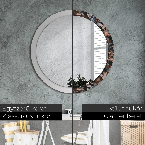 Round printed mirror Dark tropical leaves