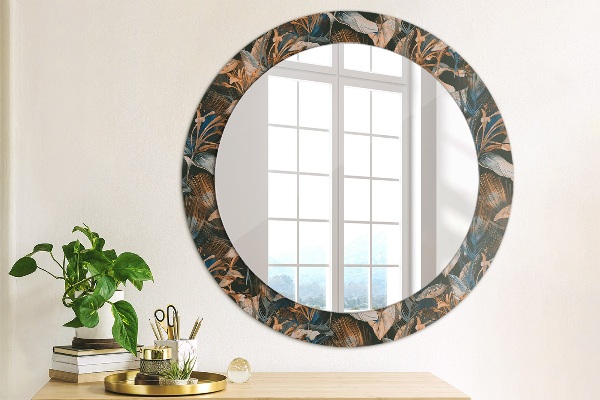 Round printed mirror Dark tropical leaves