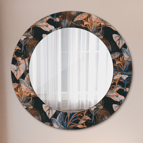Round printed mirror Dark tropical leaves