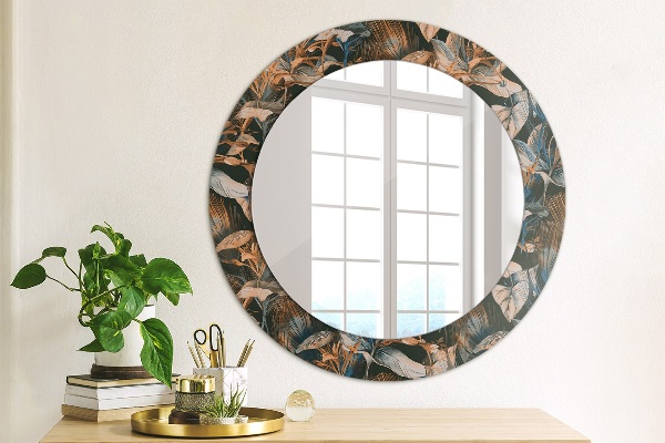 Round printed mirror Dark tropical leaves