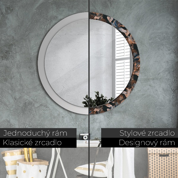 Round printed mirror Dark tropical leaves