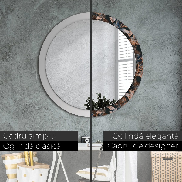 Round printed mirror Dark tropical leaves