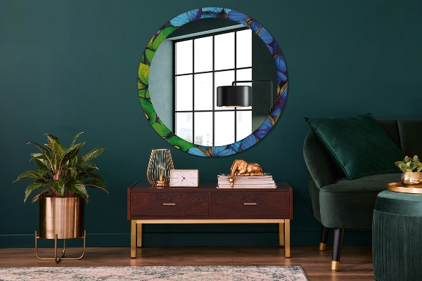 Round printed mirror Blue and green butterfly