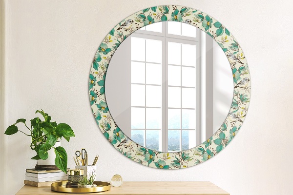 Round wall mirror decor Flowers and birds