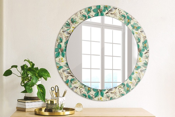 Round wall mirror decor Flowers and birds