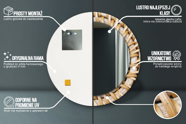 Round mirror frame with print Natural braid