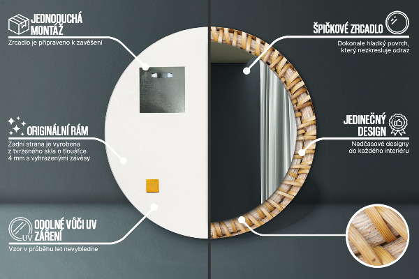 Round mirror frame with print Natural braid