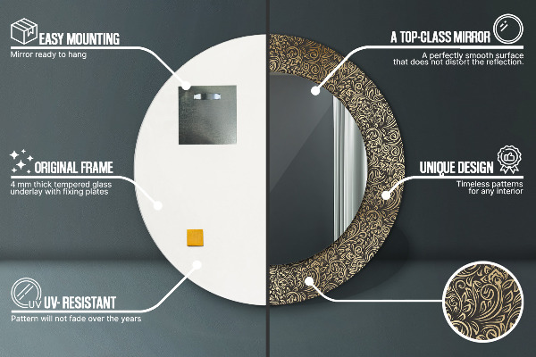 Round mirror frame with print Golden ornaments