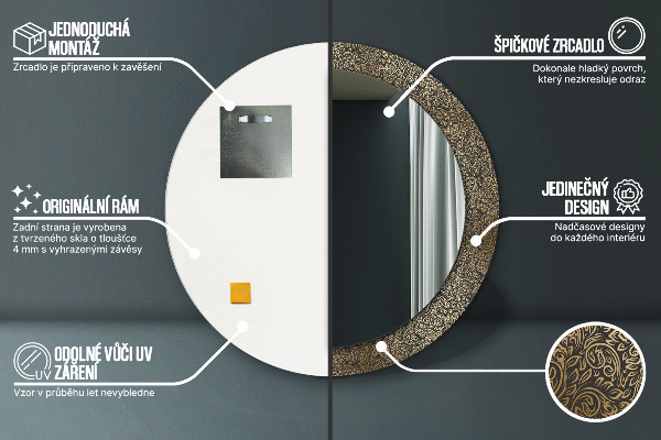 Round mirror frame with print Golden ornaments