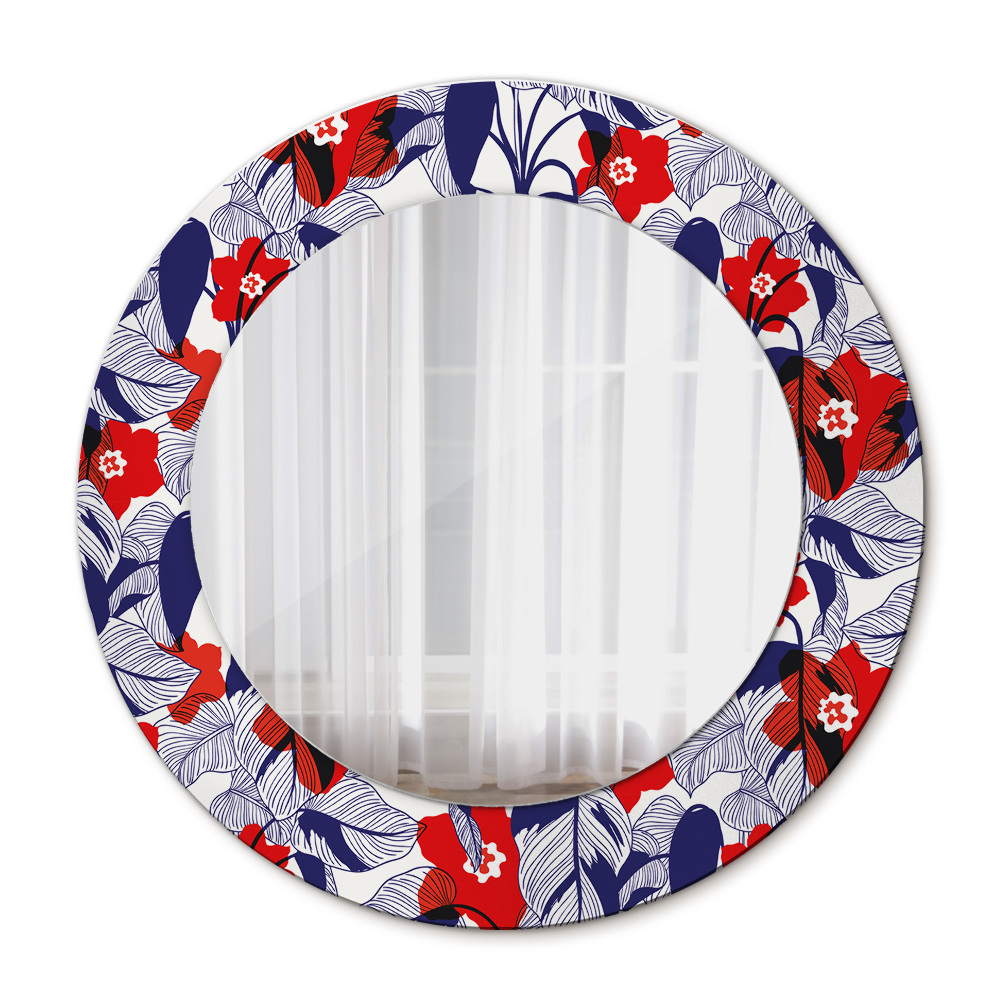 Round wall mirror decor Filodendron and red flowers