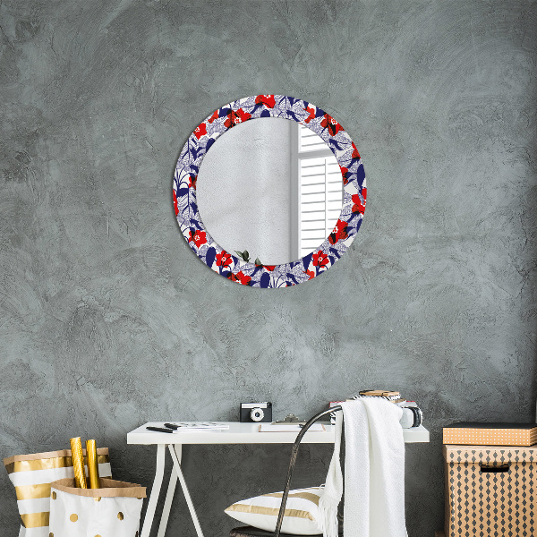 Round wall mirror decor Filodendron and red flowers