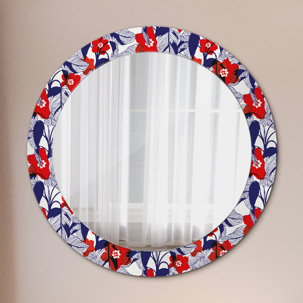 Round wall mirror decor Filodendron and red flowers