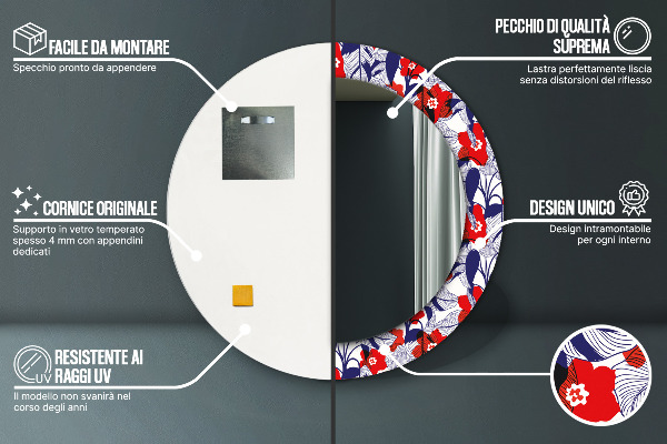 Round wall mirror decor Filodendron and red flowers