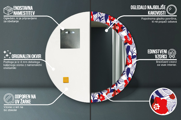 Round wall mirror decor Filodendron and red flowers