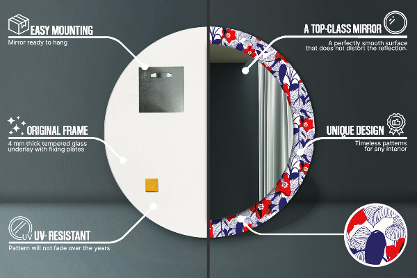 Round wall mirror decor Filodendron and red flowers