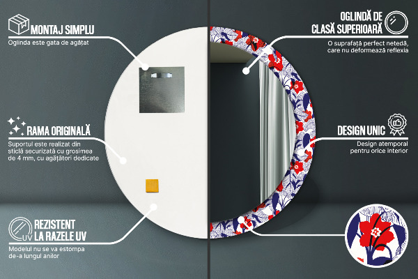 Round wall mirror decor Filodendron and red flowers