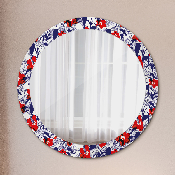 Round wall mirror decor Filodendron and red flowers